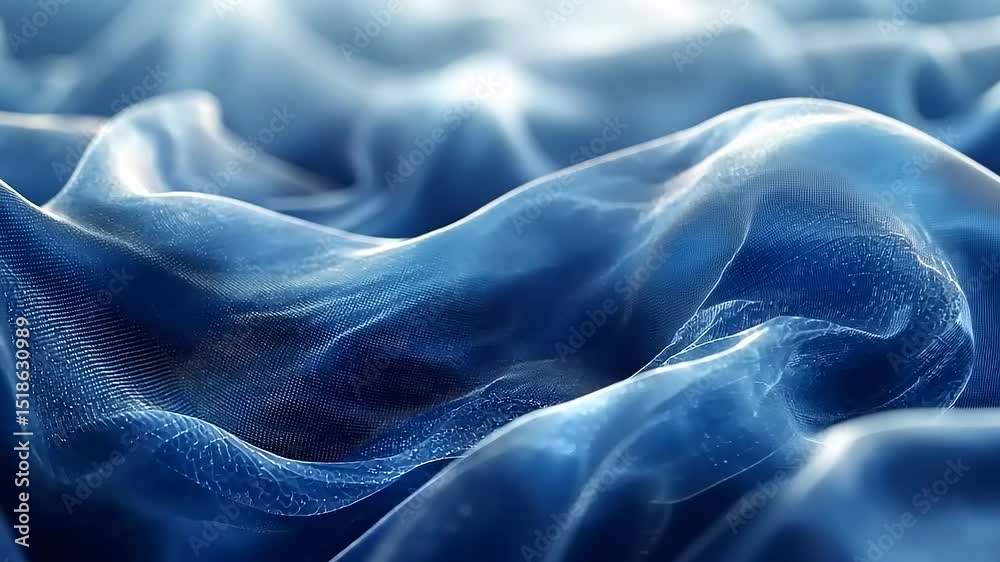 Abstract blue fabric waves seamless loop, ethereal texture and flow background