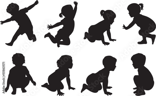 Diverse Group of Children Playing and Crawling in Black Silhouette Style on White Background silhouette This image showcases