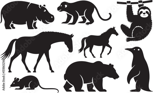 Collection of Diverse Animal Silhouettes Including a Hippo Horse Bear and Sloth on White Background silhouette This image