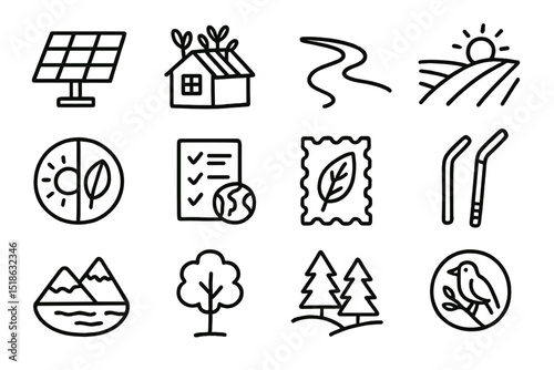 Eco-friendly icons of renewable energy, nature, and conservation themes