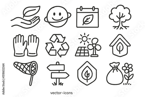 Eco-friendly icons set featuring solar panels and recycling symbols