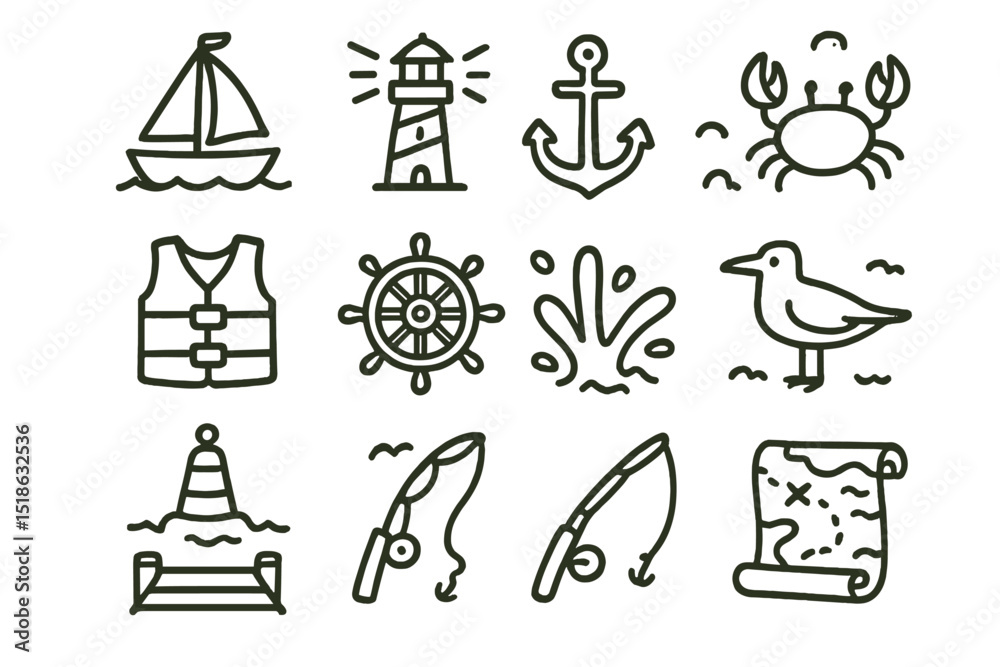 Obraz premium Nautical icons: boat, lighthouse, anchor, crab, fishing