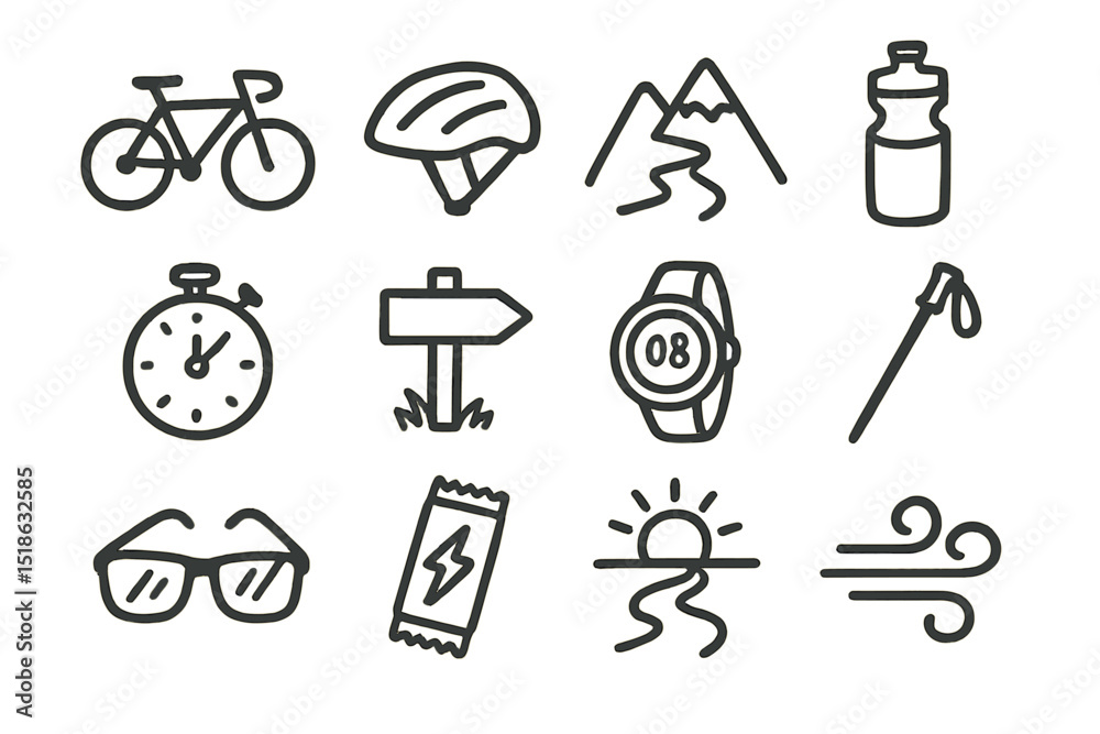 Fototapeta premium Outdoor adventure icons: cycling, hiking, hydration, time, navigation