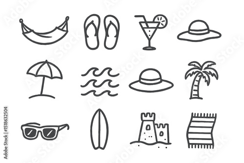 Relaxing beach symbols: umbrella, palm, hammock, waves, cocktail, surfboard