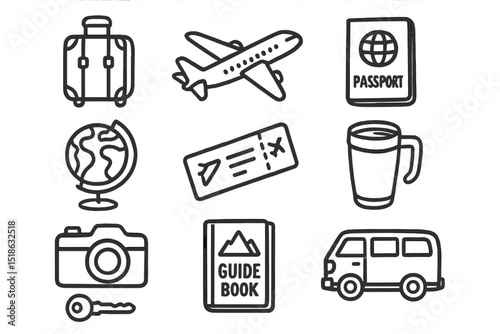 Travel icons: passport, airplane, guidebook, camera, and more