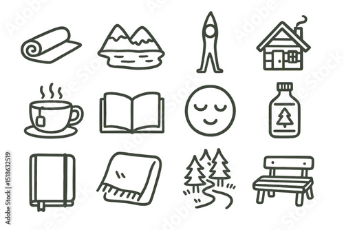 Cozy icons: yoga, nature, and relaxation symbols with warm tones
