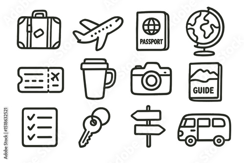 Travel essentials: icons of luggage, passport, airplane, and guidebook