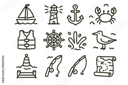 Nautical icons: boat, lighthouse, anchor, crab, fishing