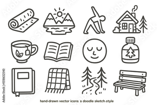Doodle icons of yoga, nature, relaxation, and outdoor activities