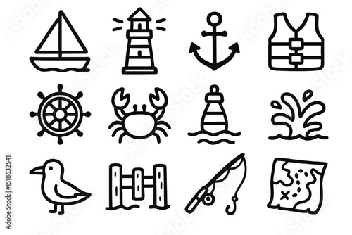 Nautical icons - lighthouse, anchor, crab, sailboat, fishing hook, lifebuoy