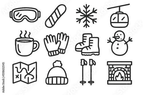 Winter vacation icons: snowboard, ski gear, cabin fireplace, and snowman