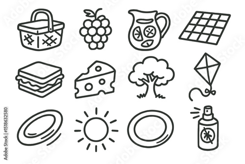 Picnic icons set with basket, cheese, kite, tree, and sun