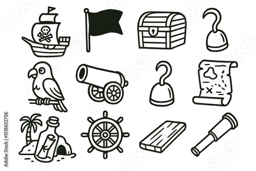 Pirate adventure icons: ship, treasure, parrot, cannon, map, pirate flag