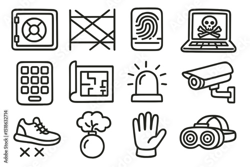 Security icons: fingerprint, surveillance, alarm, safe, skull, bomb