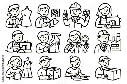 Diverse professions in clothing industry - illustrations of workers