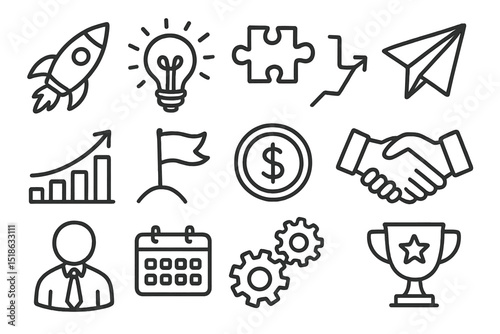 Business icons set representing growth, innovation, and strategy concepts