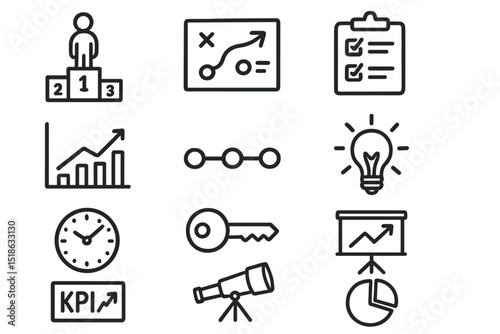 Icons representing business strategy, growth, and performance insights