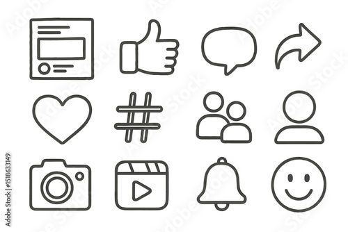 Social media icons: like, share, comment, camera, hashtag, bell, smile