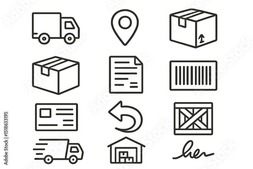 Logistics icons: package, truck, barcode, warehouse, shipping symbols