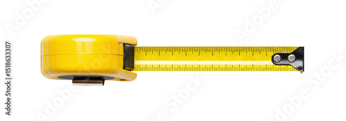 Top-view of yellow measuring tape with metal tip and case isolated on a transparent background, measuring tape png.