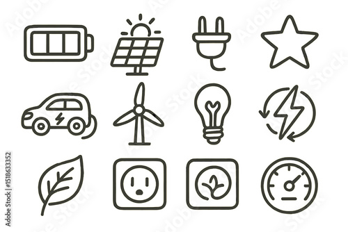 Renewable energy icons featuring solar, wind, electric car, and eco elements