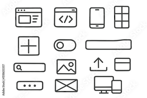 Minimalist web and mobile app icons set on gray background