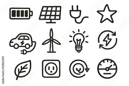 Renewable energy icons: battery, solar panel, plug, wind turbine, light bulb
