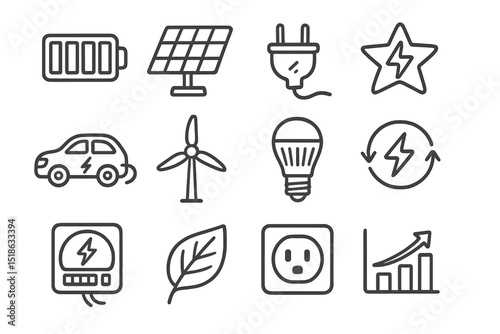 Renewable energy icons: solar, wind, electric, and sustainable power symbols