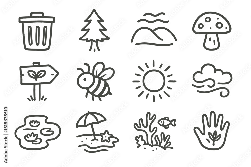 Obraz premium Hand-drawn nature icons: tree, mushroom, bee, sun, cloud, beach, fish