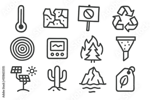 Environmental icons: recycling, solar energy, forest preservation, water conservation