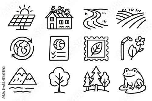 Eco-friendly icons: solar panel, house, nature path, sustainability symbols