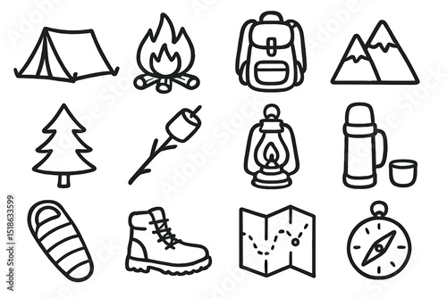 Camping essentials icons: tent, backpack, campfire, mountain, compass, lantern