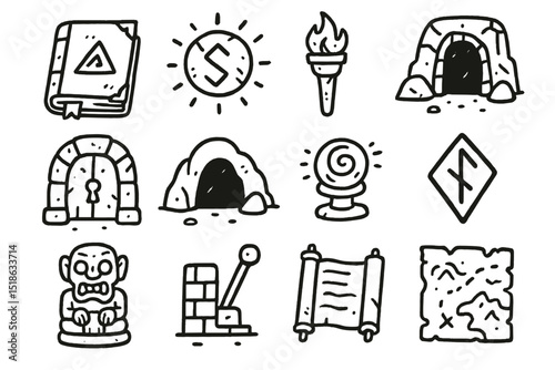 Adventure icons set: map, torch, crystal ball, symbols, gate, cave, mechanism