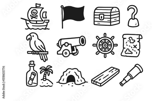 Pirate symbols and icons including ship, treasure chest, and parrot
