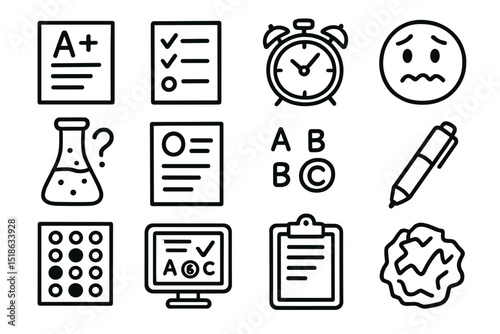 Education icons: a+, checklist, alarm, chemistry, online learning, quiz, pen