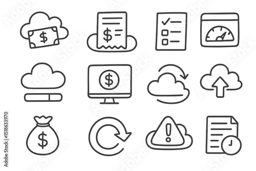 Cloud computing finance icons: money, transactions, upload, download, alert