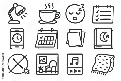 Artistic icons of daily life essentials and activities on dark background