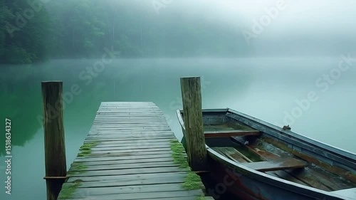 A serene, misty morning view of a secluded lake with a weathered wooden boat tied to a fog-covered dock.