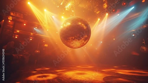 A vibrant disco ball reflects colorful light beams in a lively dance club, creating an energetic and festive atmosphere.