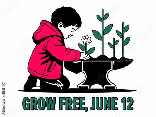 Boy watering plant in grow free June 12 themed vector design promoting child rights against labour exploitation