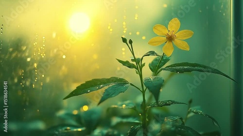 A vibrant yellow flower stands out against a backdrop of raindrops and warm sunlight filtering through a window.