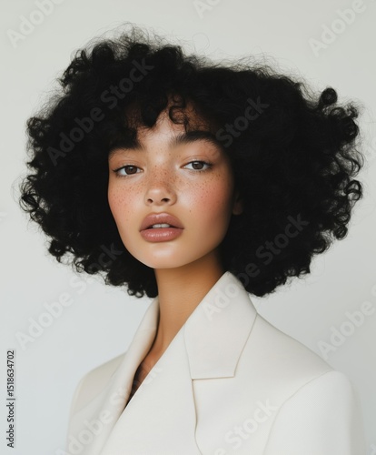 Elegant Woman with Curly Hair in White Blazer.