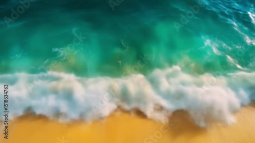 Aerial view of turquoise ocean waves gently lapping against a sandy shore.