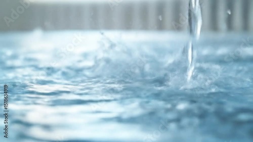 Close-up of water droplets splashing into a serene pool, creating ripples under soft lighting.