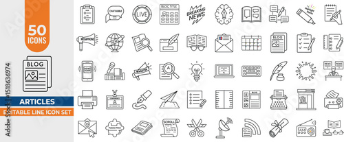 50 Editable Line Icons for Articles, Blogging, News, Copywriting & Journalism – Vector Icon Set with Editable Stroke