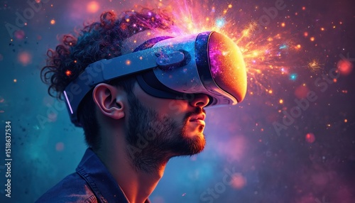 Man wearing VR headset immersed in vibrant virtual reality experience. Abstract explosion shapes particles emanate from device. Colorful futuristic digital tech, cyberspace, immersive entertainment.