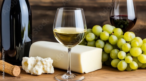 A glass of white wine placed next to cheese, grapes, and wine bottles on a wooden surface photo