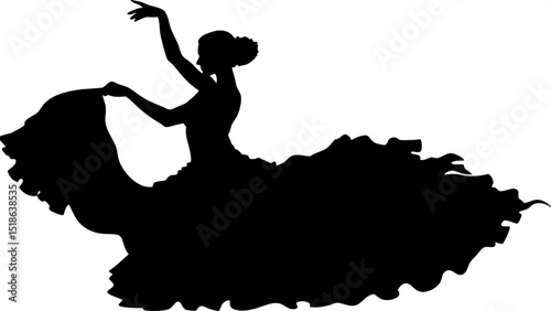 A silhouette of a flamenco dancer in a flowing ruffled dress, captured mid-spin. Her arms are raised, one hand above her head, the other holding part of her dress. Her hair is in a bun with a small co