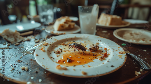 Cockroach on dirty plate with food scraps in messy restaurant