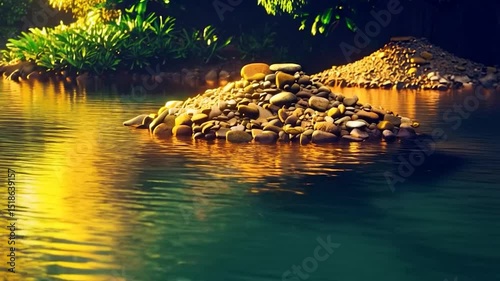 Serene, sunlit water with a pile of rocks. 